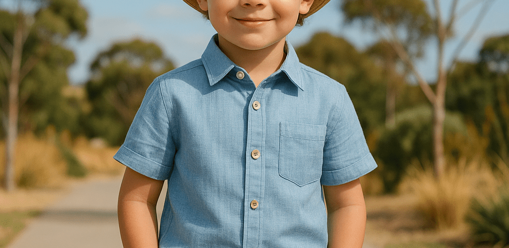 Young boy wearing stylish summer children’s clothing in Australia, standing outdoors with trees in the background.
