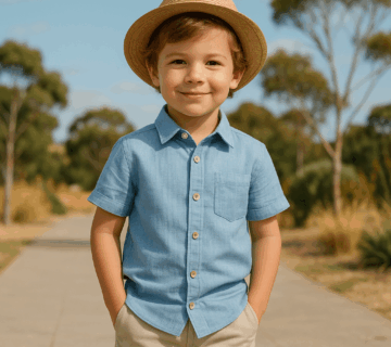 Young boy wearing stylish summer children’s clothing in Australia, standing outdoors with trees in the background.