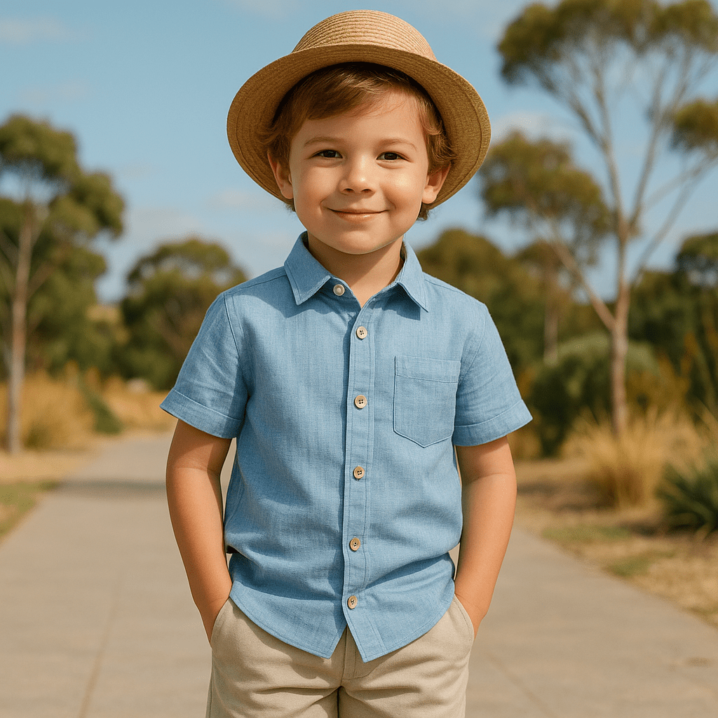 Young boy wearing stylish summer children’s clothing in Australia, standing outdoors with trees in the background.