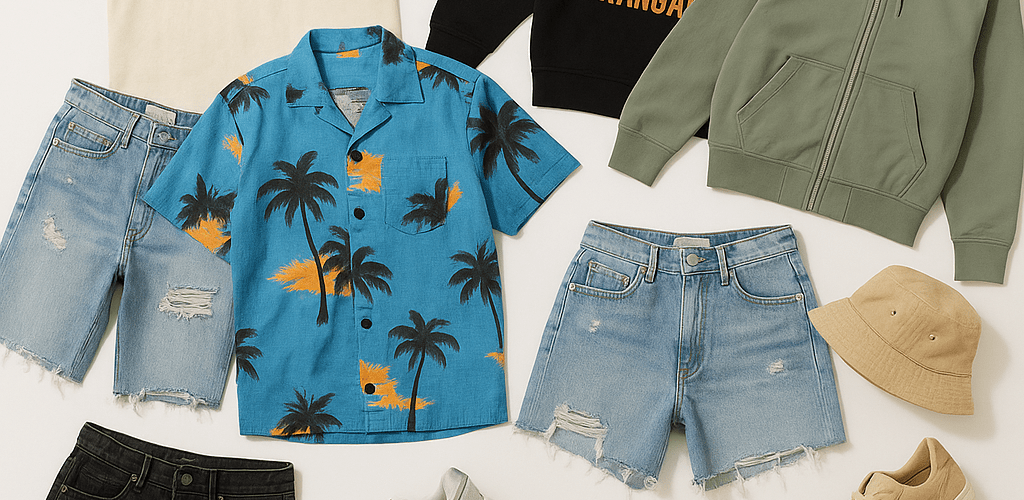 Australian streetwear pieces including t-shirts, jackets, denim shorts, sneakers, and bucket hats scattered on a white background.
