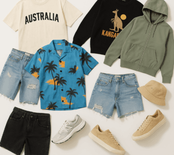 Australian streetwear pieces including t-shirts, jackets, denim shorts, sneakers, and bucket hats scattered on a white background.