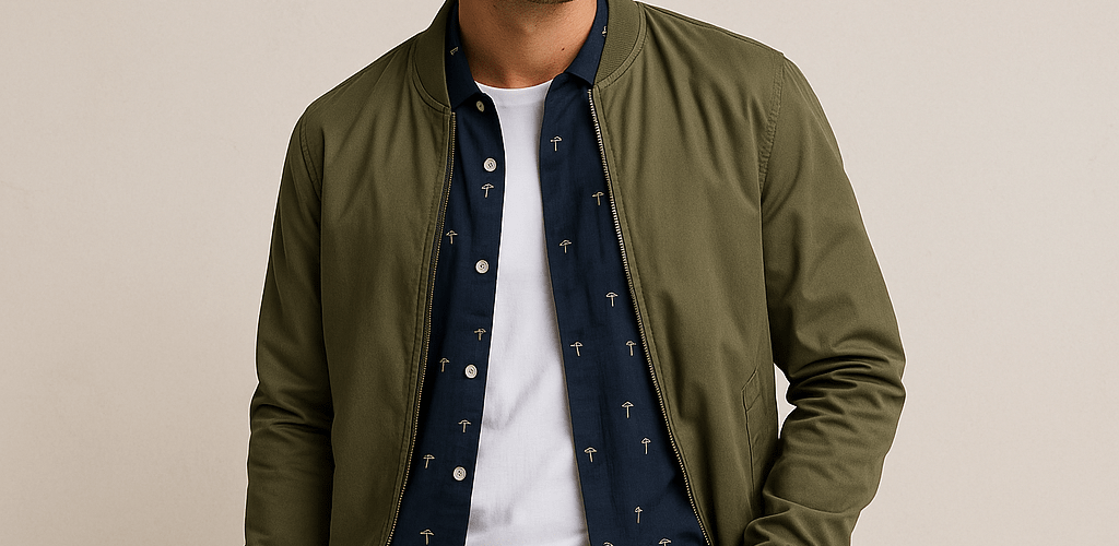 Australian man wearing Industrie-style menswear with an olive bomber jacket, navy shirt, and beige chinos