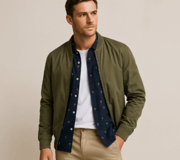 Australian man wearing Industrie-style menswear with an olive bomber jacket, navy shirt, and beige chinos