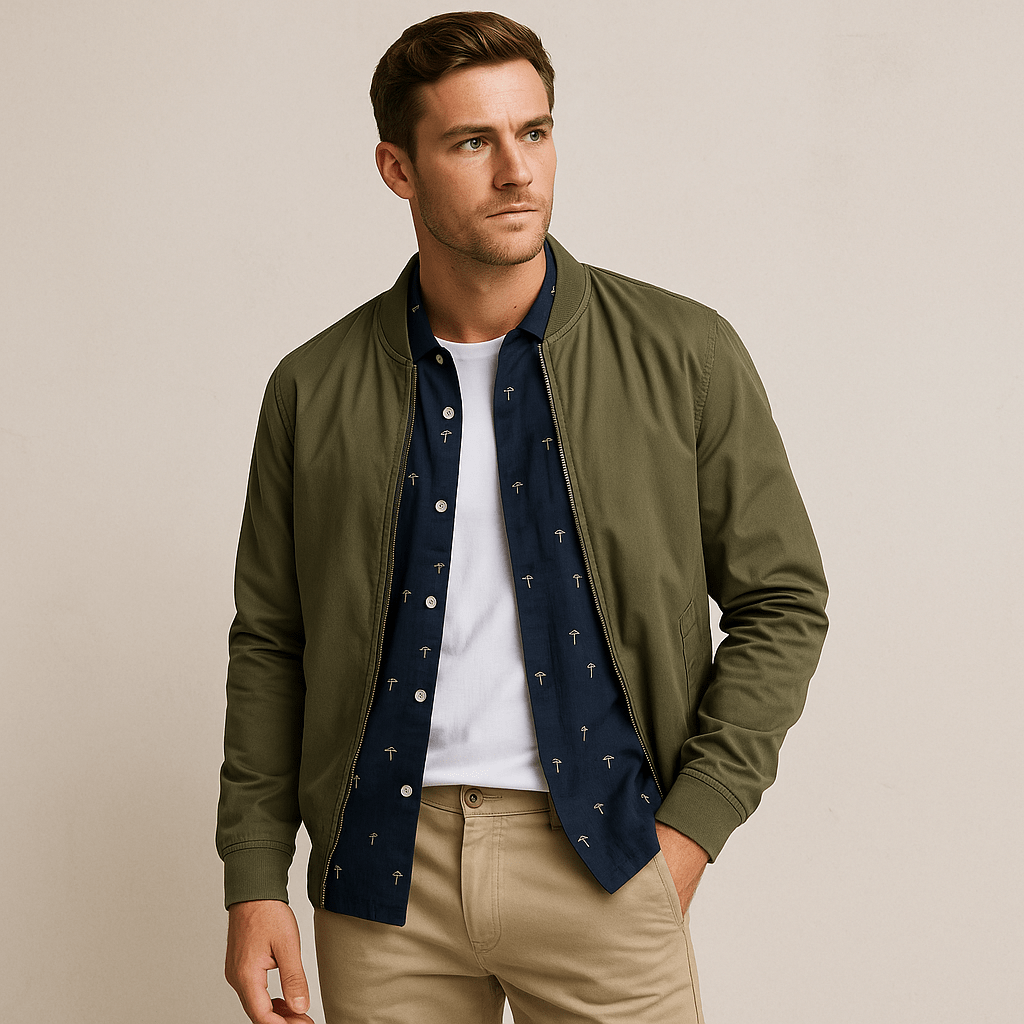 Australian man wearing Industrie-style menswear with an olive bomber jacket, navy shirt, and beige chinos