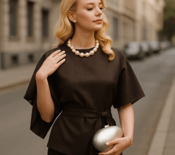 Blonde woman in vintage silhouettes outfit styled with modern tailoring on an Australian city street