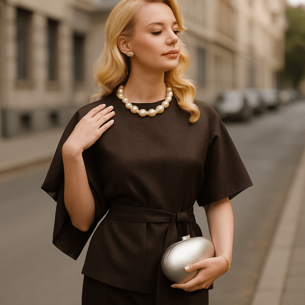 Blonde woman in vintage silhouettes outfit styled with modern tailoring on an Australian city street