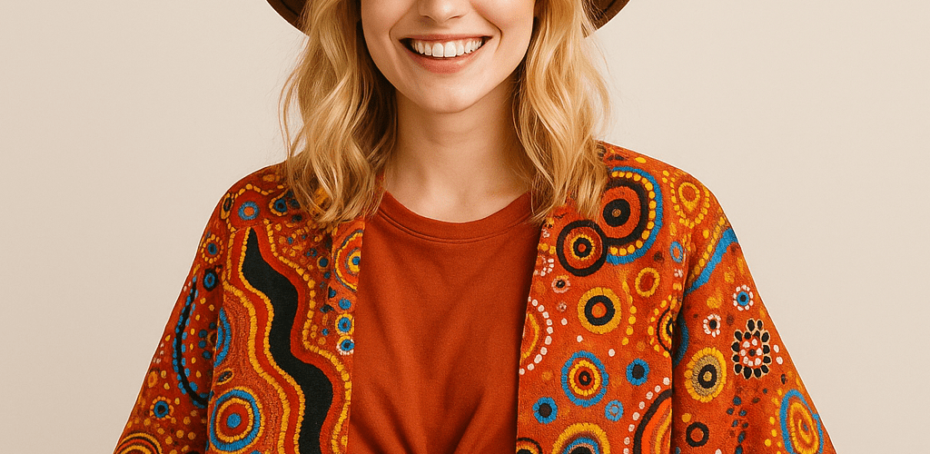 smiling woman wearing Indigenous-inspired jacket showcasing unique fashion elements of Australia