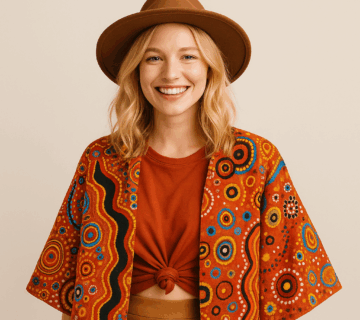 smiling woman wearing Indigenous-inspired jacket showcasing unique fashion elements of Australia