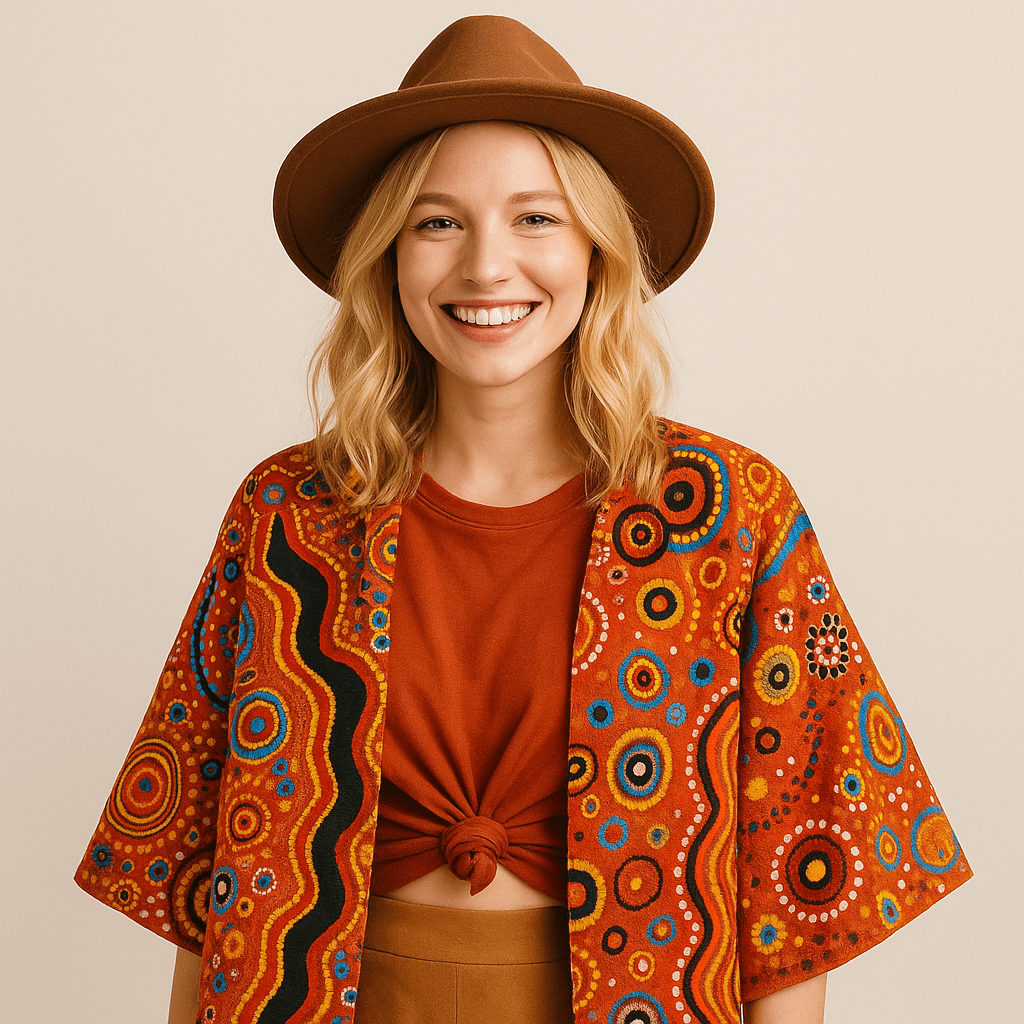 smiling woman wearing Indigenous-inspired jacket showcasing unique fashion elements of Australia
