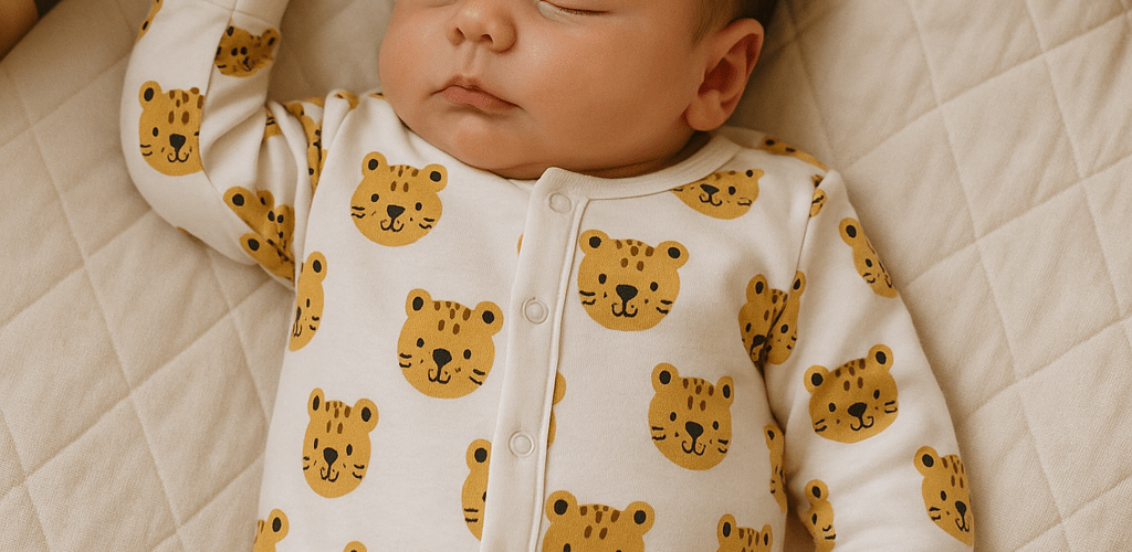 newborn baby boy sleeping in cot wearing baby clothes onesie with cartoon leopard prints