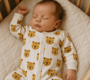 newborn baby boy sleeping in cot wearing baby clothes onesie with cartoon leopard prints