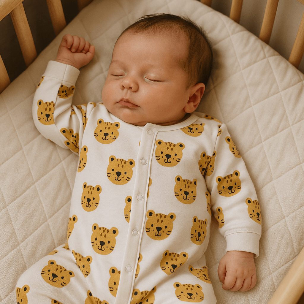 newborn baby boy sleeping in cot wearing baby clothes onesie with cartoon leopard prints