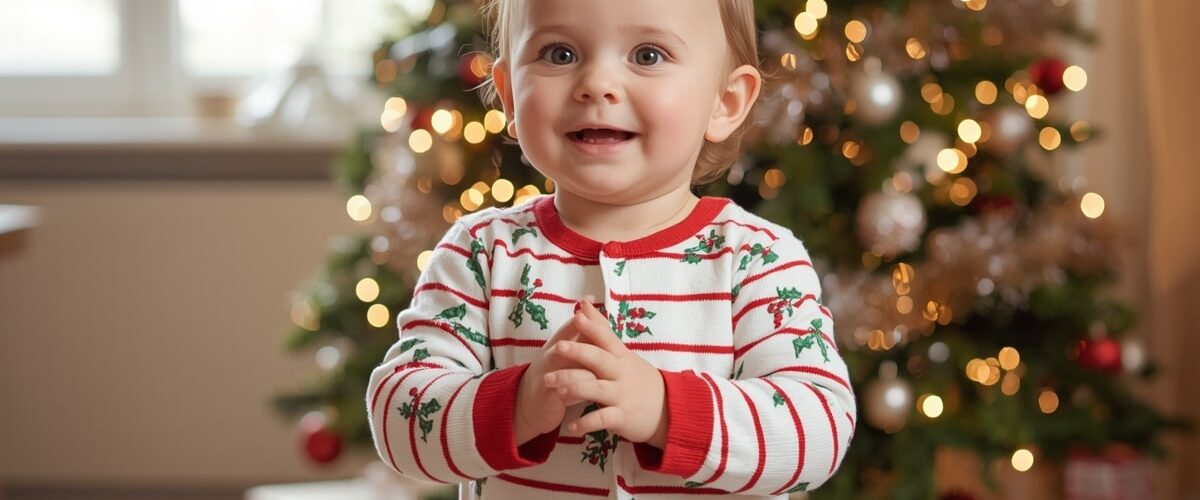 Smiling toddler in festive pyjamas standing in front of a decorated Christmas tree, showcasing Christmas clothes for kids.