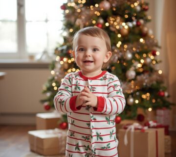 Smiling toddler in festive pyjamas standing in front of a decorated Christmas tree, showcasing Christmas clothes for kids.