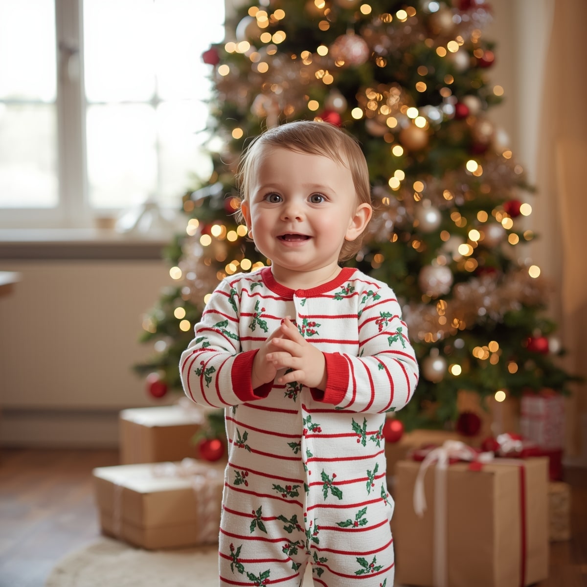 Smiling toddler in festive pyjamas standing in front of a decorated Christmas tree, showcasing Christmas clothes for kids.